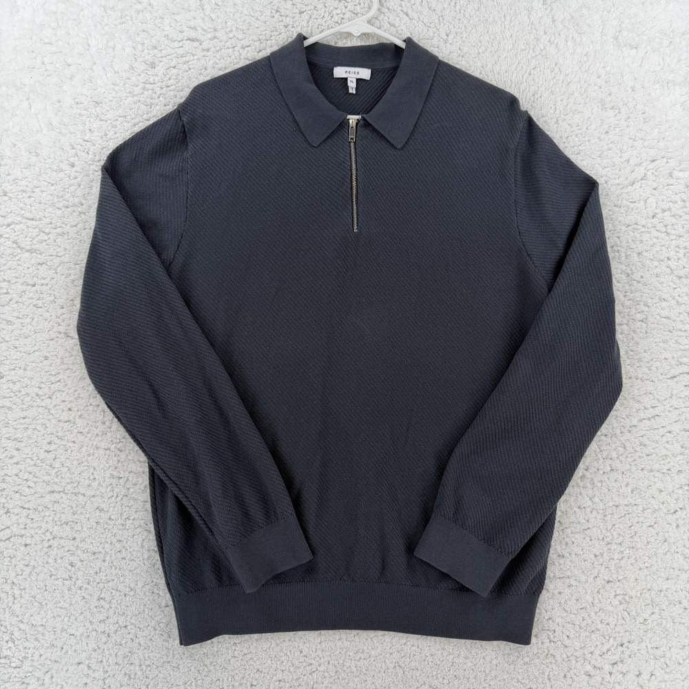 Reiss Sweater Mens XL Gray Cotton Quarter Zip Collared Knit Pullover Fern Preppy